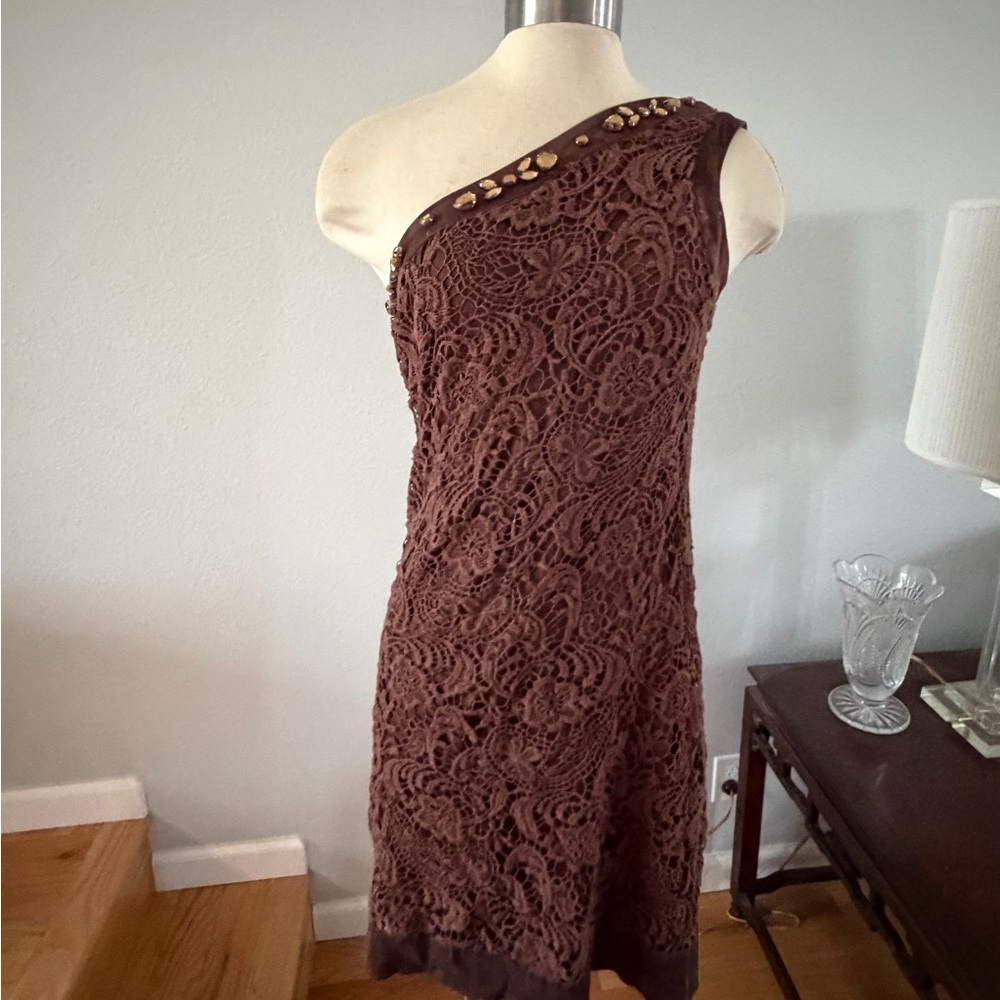 Hale Bob One-Shoulder Brown Lace Dress with Gold Accent